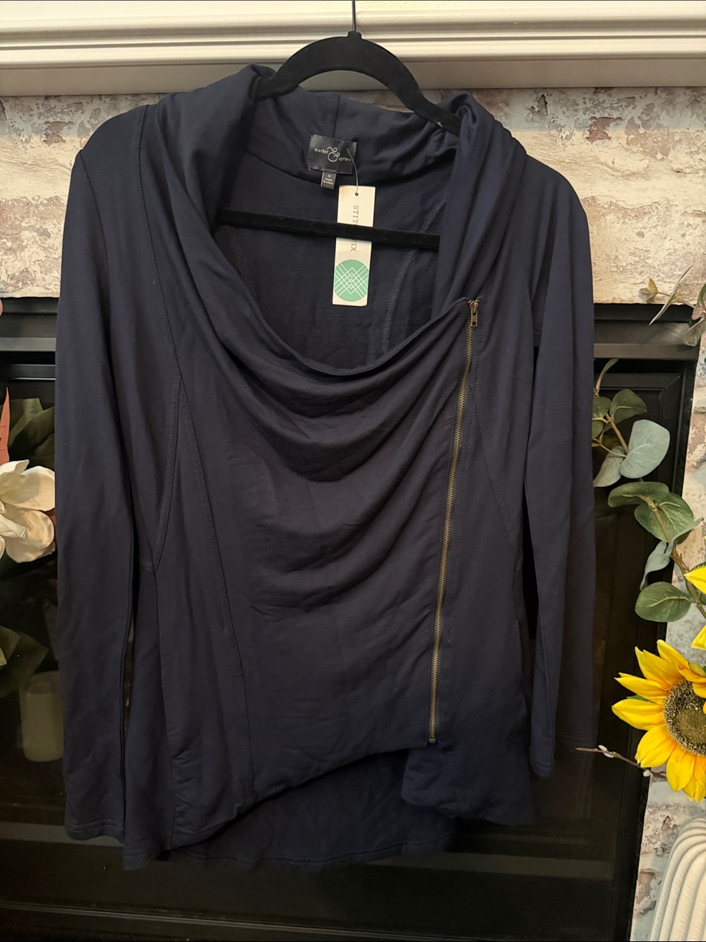 Market & Spruce Navy Cowl-Neck Top with Zip Accent